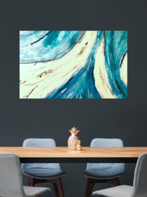 Tableau artistique en résine – Dégradé bleu et blanc, pierres argentées