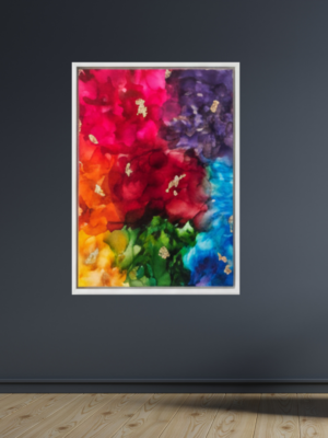 Tableau artistique sur toile – Effet encre à alcool multicolore avec feuilles d’or